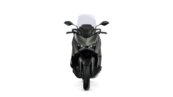 Front view of a sleek, modern scooter in a matte green and black color scheme, featuring angular headlights and a tall windshield.