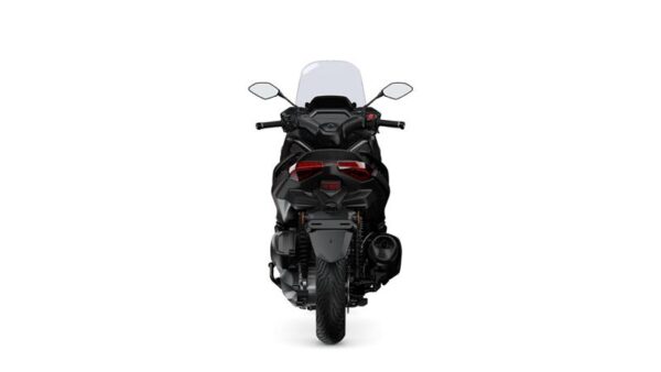 A black motorcycle viewed from the rear, featuring a transparent windscreen, two side mirrors, and distinctive tail lights.