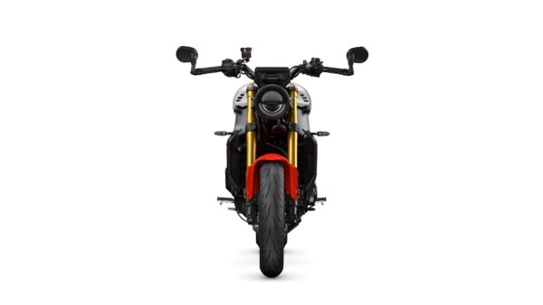 A front view of a modern motorcycle featuring a black and gold frame, distinctive round headlight, and red accent on the front fender, set against a white background.