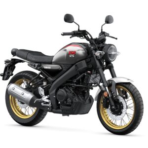 Yamaha 2025 XSR 125 Legacy motorcycle in gray with a black seat, featuring a round headlight, silver exhaust, and gold rims, positioned on a white background.