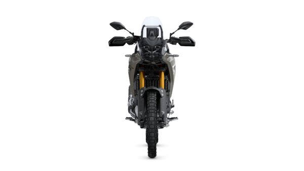 Front view of a motorcycle featuring an angular design, prominent headlights, and dual front suspension forks, set against a white background.