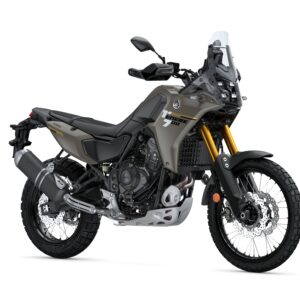 Yamaha Ténéré 700 Lowered Version adventure motorcycle in a matte grey finish, showcasing rugged tires, a tall windscreen, and off-road features, positioned on a white background.
