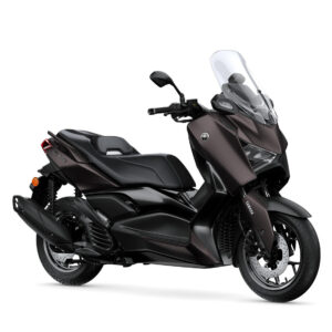 Yamaha 2025 XMAX 125 Tech MAX+ A sleek, dark-colored scooter with a streamlined design, featuring a windshield, comfortable seat, and modern aesthetic, positioned on a plain background.