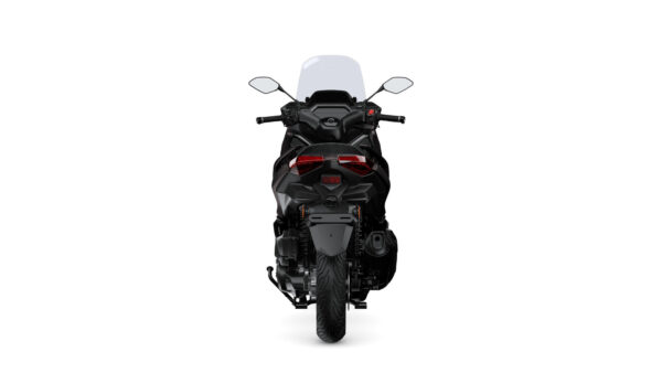 A black motorcycle viewed from the rear, featuring a windshield, mirrors, and distinctive taillights against a white background.