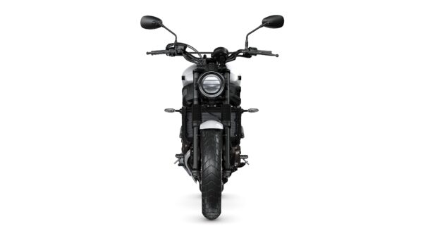 A front view of a modern motorcycle with a round headlight, black handlebars, and a wide tire, set against a white background.
