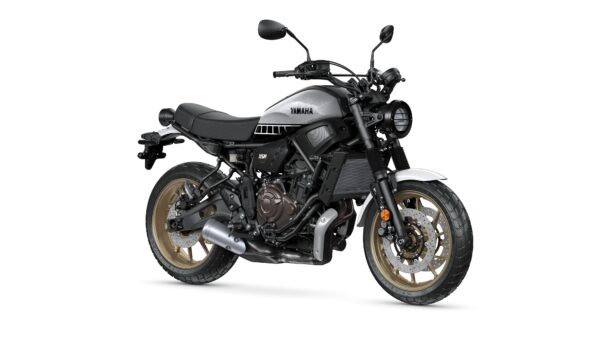 Yamaha 2023 XSR 700 Legacy motorcycle in metallic silver and black, featuring a minimalist design, round headlight, and gold-accented wheels.
