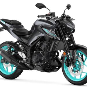 Yamaha 2024 MT-03 A sleek Yamaha motorcycle with a metallic gray body and turquoise wheels, featuring a modern design and low-profile seat.
