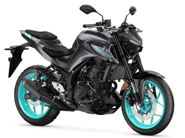 Yamaha 2024 MT-03 A sleek Yamaha motorcycle with a metallic gray body and turquoise wheels, featuring a modern design and low-profile seat.