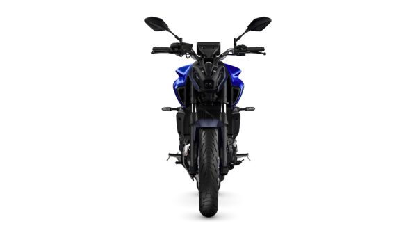 A front view of a blue motorcycle with a modern design, featuring a sleek body, prominent headlights, and stylish handlebars. The background is plain white, emphasizing the bike's details.