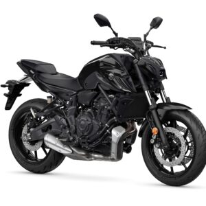 Yamaha 2024 MT-07 A sleek black motorcycle with a modern design, featuring a prominent front headlight, dual mirrors, and a sporty stance, positioned against a white background.