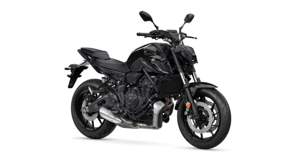 Yamaha 2024 MT-07 A sleek black motorcycle with a modern design, featuring a prominent front headlight, dual mirrors, and a sporty stance, positioned against a white background.