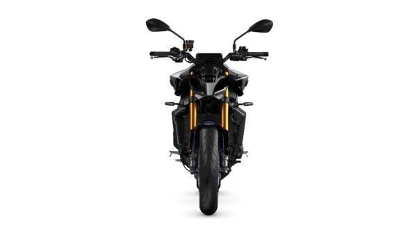 A front view of a modern sport motorcycle featuring a sleek design, prominent gold front forks, and black bodywork. The handlebars are equipped with mirrors and controls, with a large front tire visible below. The background is plain white, emphasizing the motorcycle's features.