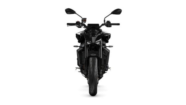 Front view of a sleek black motorcycle with an aggressive design, showcasing its headlights, handlebars, and front tire against a white background.