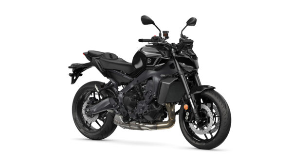 Yamaha 2024 MT-09 Y-AMT A sleek black motorcycle with a modern design, showcasing an exposed engine, sporty frame, and dual disc brakes. The bike features a low-profile seat and is positioned at a slight angle, highlighting its aggressive stance.