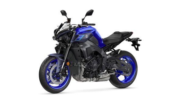 A blue and black sport motorcycle is displayed at an angle, showcasing its sleek design, prominent front fork, and modern features.