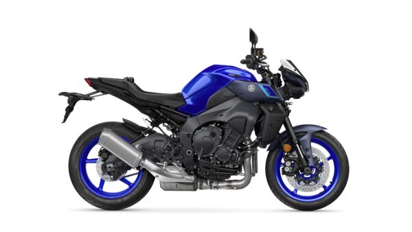 A blue and black Yamaha motorcycle viewed from the side, showcasing its sleek design, prominent engine, and distinctive blue wheels.