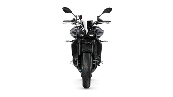 A front view of a sleek black motorcycle with prominent headlights, a narrow body, and a large front tire, set against a white background.