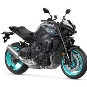 Yamaha 2024 MT-10 A sleek black motorcycle with turquoise wheels and accents, featuring a prominent exhaust and streamlined body design.