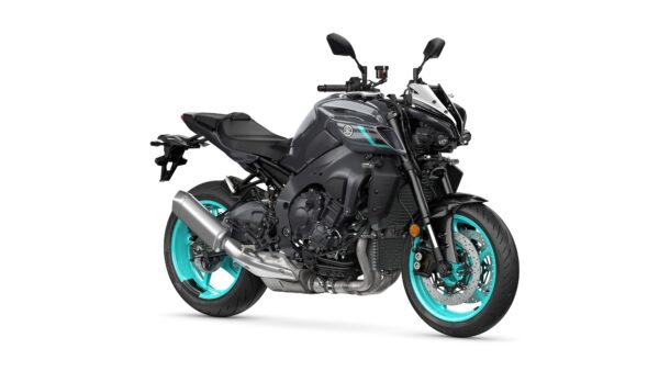 Yamaha 2024 MT-10 A sleek black motorcycle with turquoise wheels and accents, featuring a prominent exhaust and streamlined body design.