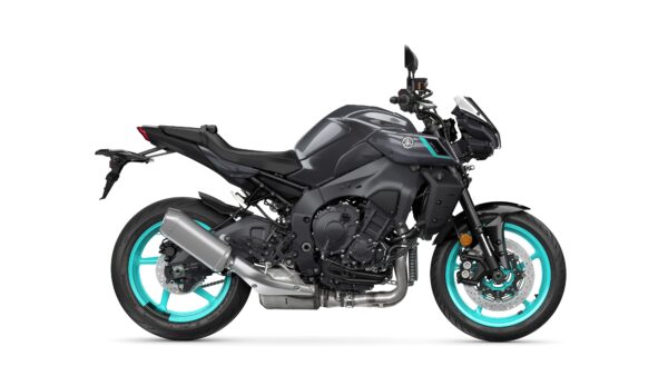 A side view of a gray Yamaha motorcycle featuring distinctive turquoise wheels and modern design elements.