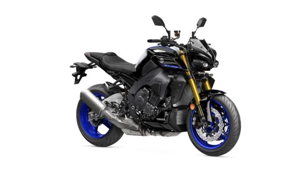 Yamaha 2024 MT-10 SP A Yamaha MT-10 motorcycle displayed at an angle, featuring a sleek black and blue design with a prominent golden front fork, a dual-exhaust system, and modern styling details.