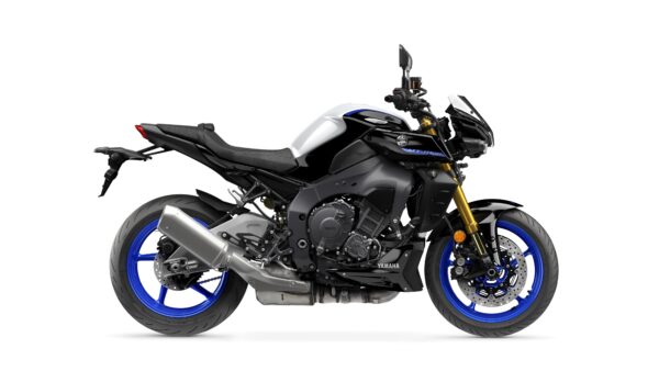 A black and silver Yamaha motorcycle with blue wheels and gold front forks, viewed from the side against a white background.