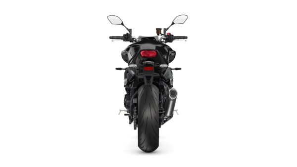 A black motorcycle viewed from the rear, showcasing its sleek design, prominent rear tire, and dual mirrors.