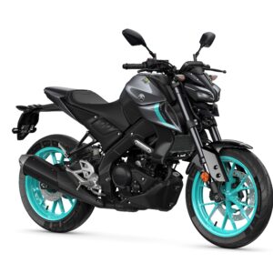 Yamaha 2024 MT-125 A sleek black motorcycle with turquoise accents and wheels, showcasing a modern design.