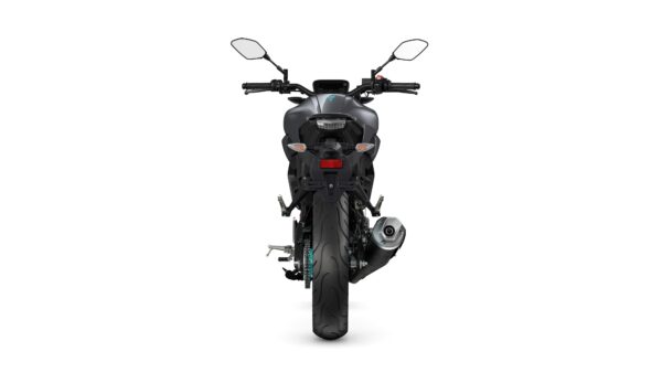 A sleek motorcycle viewed from the rear, featuring a dark matte finish, prominent taillights, side mirrors, and a silver exhaust pipe.