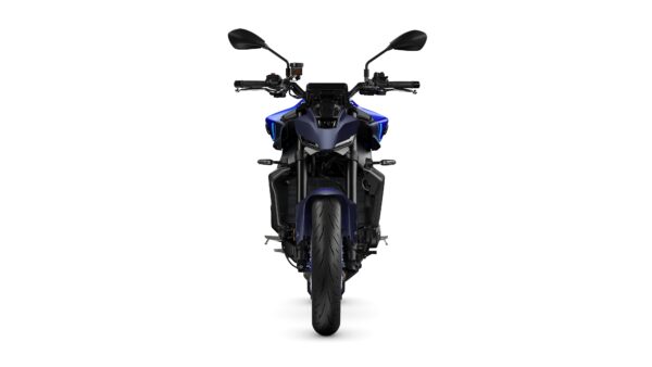 A sleek, modern motorcycle viewed from the front, showcasing a blue and black color scheme, dual headlights, and an aggressive design.