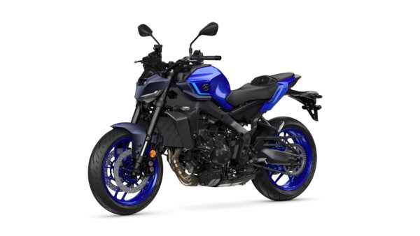 A blue and black sports motorcycle is displayed at an angle, showcasing its sleek design, large wheels, and modern features against a white background.