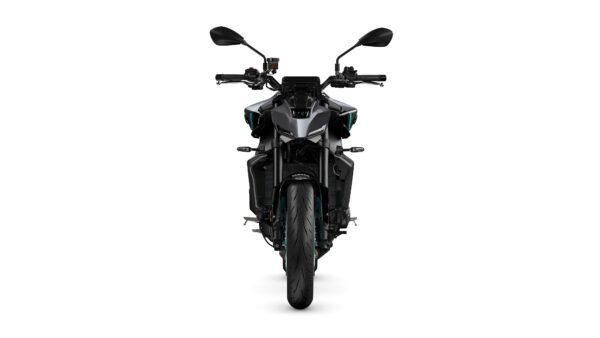 Front view of a modern motorcycle with a sleek design, featuring a dark body, dual mirrors, and a prominent wheel at the bottom. The background is plain white, emphasizing the motorcycle's details.