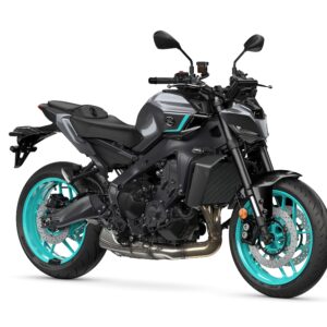 Yamaha 2024 MT-09 A modern motorcycle with a sleek black body and striking turquoise accents on the wheels and frame, positioned at a slight angle to showcase its design and features.