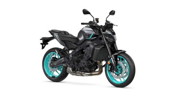 Yamaha 2024 MT-09 A modern motorcycle with a sleek black body and striking turquoise accents on the wheels and frame, positioned at a slight angle to showcase its design and features.
