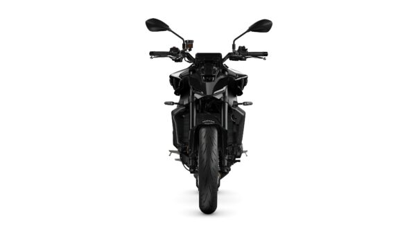 A sleek black motorcycle viewed from the front, showcasing its sharp design, handlebars, and wide tire against a white background.