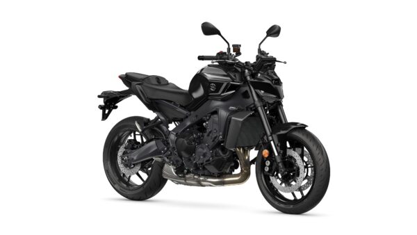 A sleek black motorcycle with a modern design, showcasing a prominent front headlight, dual disc brakes, and a low seat, captured from the right side against a white background.