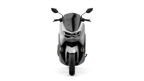 Front view of a sleek, modern scooter with a black and silver color scheme, featuring dual headlights, a low profile, and a wide front tire.