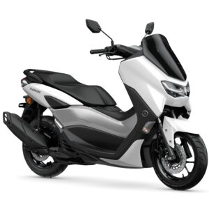 Yamaha 2024 NMAX 125 A modern white and silver scooter with a sleek design, featuring a prominent windshield, comfortable seat, and black detailing, parked against a plain background.
