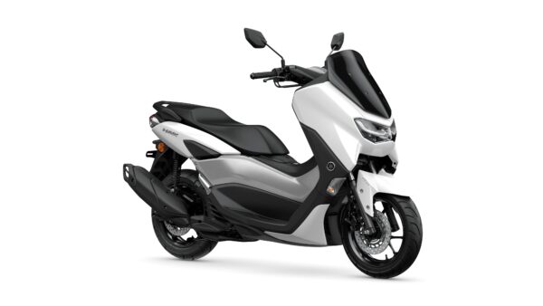 Yamaha 2024 NMAX 125 A modern white and silver scooter with a sleek design, featuring a prominent windshield, comfortable seat, and black detailing, parked against a plain background.