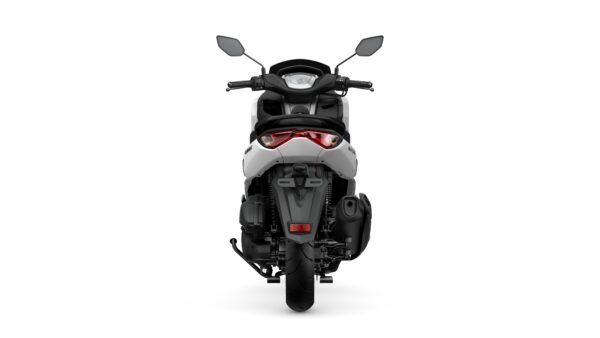 A rear view of a modern scooter with a sleek design, featuring a stylish tail light, handlebars, and a single rear tire on a white background.
