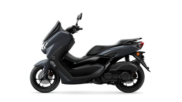 A sleek, modern scooter in dark gray, featuring a streamlined body design, a comfortable seat, and a large windshield, positioned against a white background.