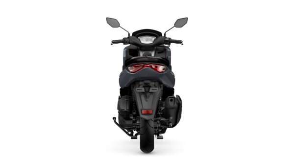 A rear view of a sleek gray scooter, featuring dual mirrors, a modern tail light design, and a single rear tire on a clean white background.