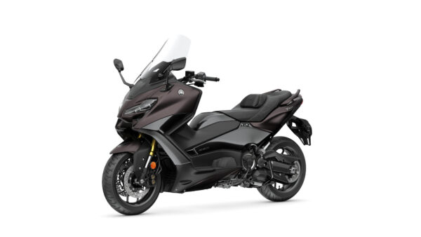 A sleek, dark-colored Yamaha TMAX scooter displayed at a slight angle, showcasing its sporty design, dual headlights, and distinctive bodywork.