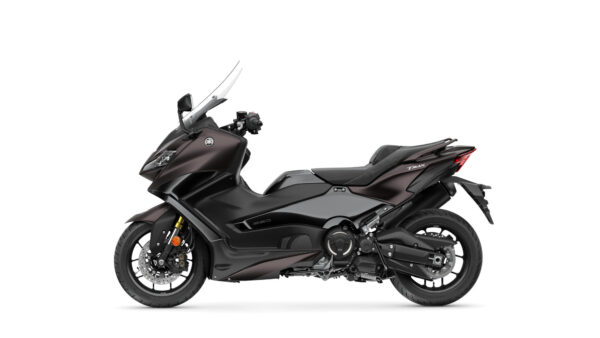 A sleek, modern Yamaha TMAX scooter in a deep metallic brown color, featuring a sporty design, large windshield, and two-tone seat, positioned against a white background.