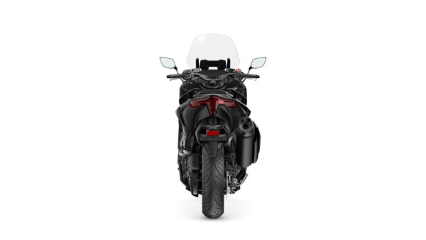 A rear view of a black motorcycle featuring a tinted windshield, defined tail lights, and a prominent exhaust pipe. The motorcycle sits on a white background.