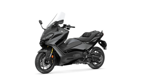 A sleek black Yamaha TMAX scooter, featuring a modern design, large windshield, and sporty elements, positioned on a plain white background.