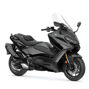Yamaha 2024 TMAX Tech MAX A sleek black scooter with a streamlined design, featuring a windshield, comfortable seat, and modern handlebars, set against a white background.