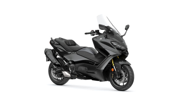 Yamaha 2024 TMAX Tech MAX A sleek black scooter with a streamlined design, featuring a windshield, comfortable seat, and modern handlebars, set against a white background.