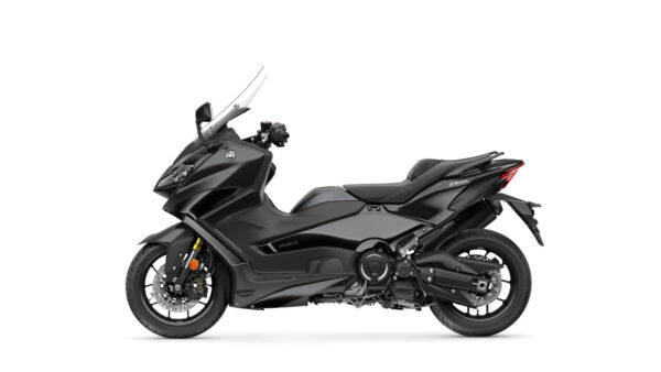 A sleek black Yamaha TMAX scooter viewed from the side, showcasing its modern design and sporty features.