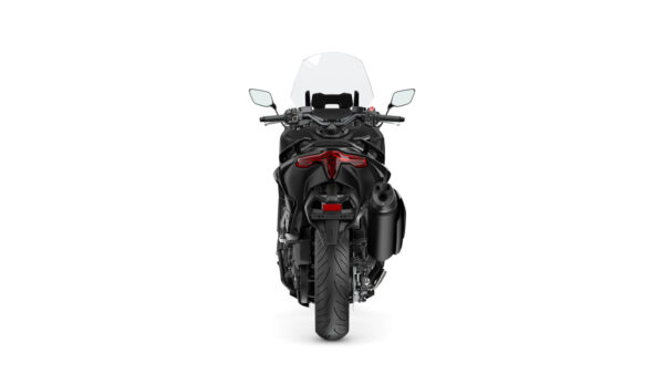A rear view of a modern motorcycle featuring a sleek design, a tinted windscreen, and prominent tail lights, set against a white background.
